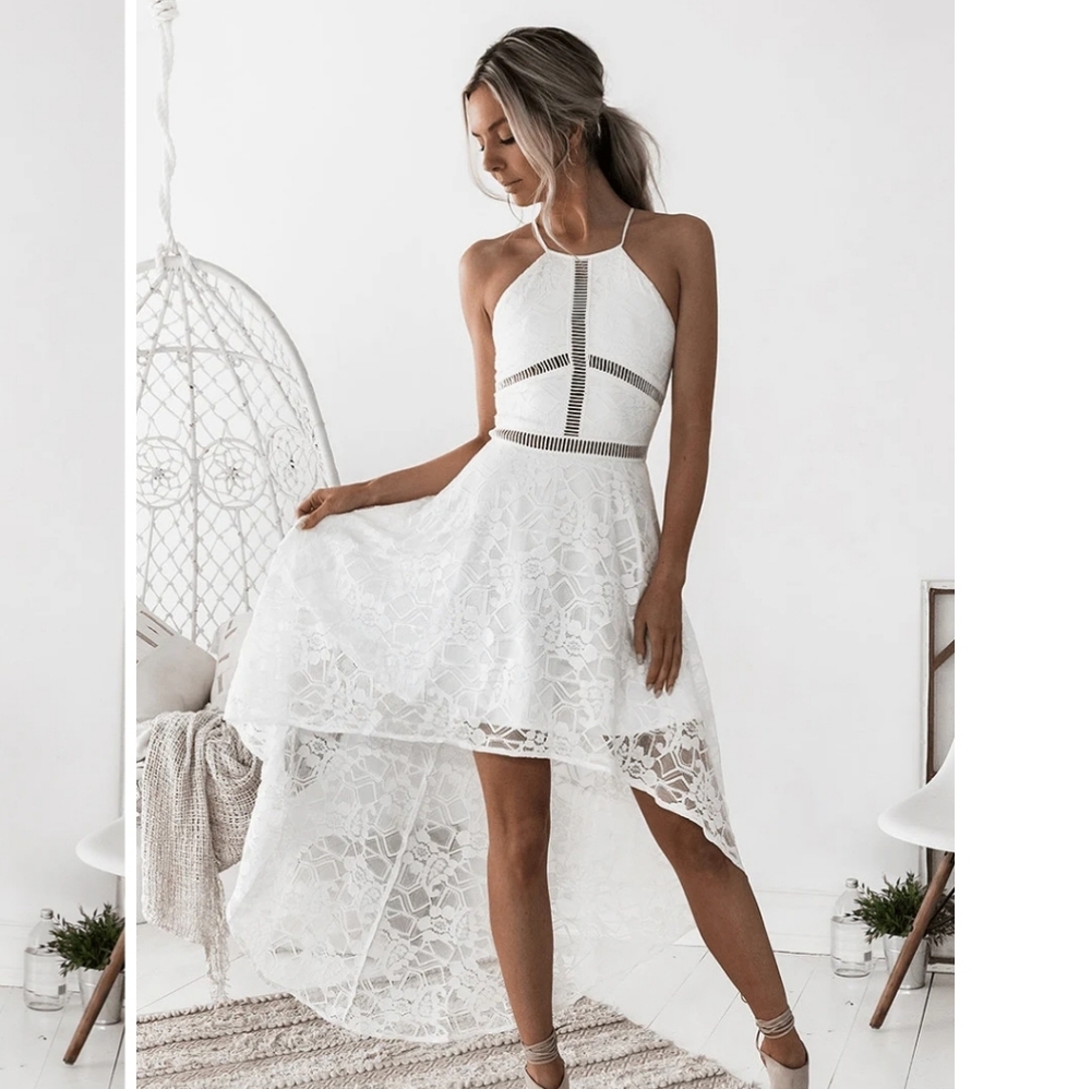 White Lace High-Low Halter Dress